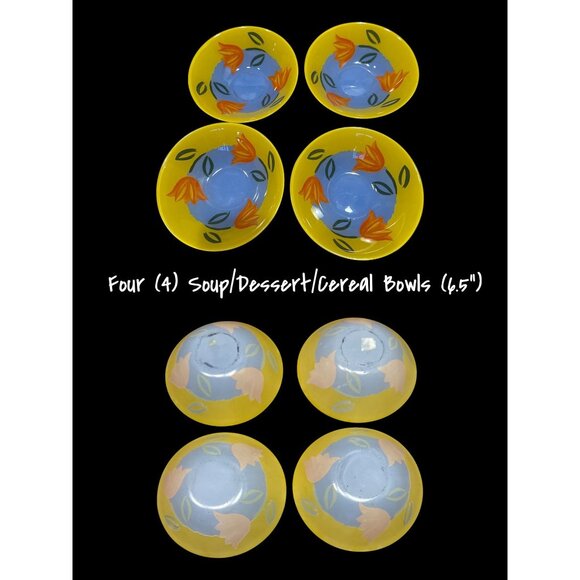 Set Of 14 Arcoroc France Matys Yellow Tulip Glass Dinner Salad Plates Soup Bowls - Picture 2 of 4